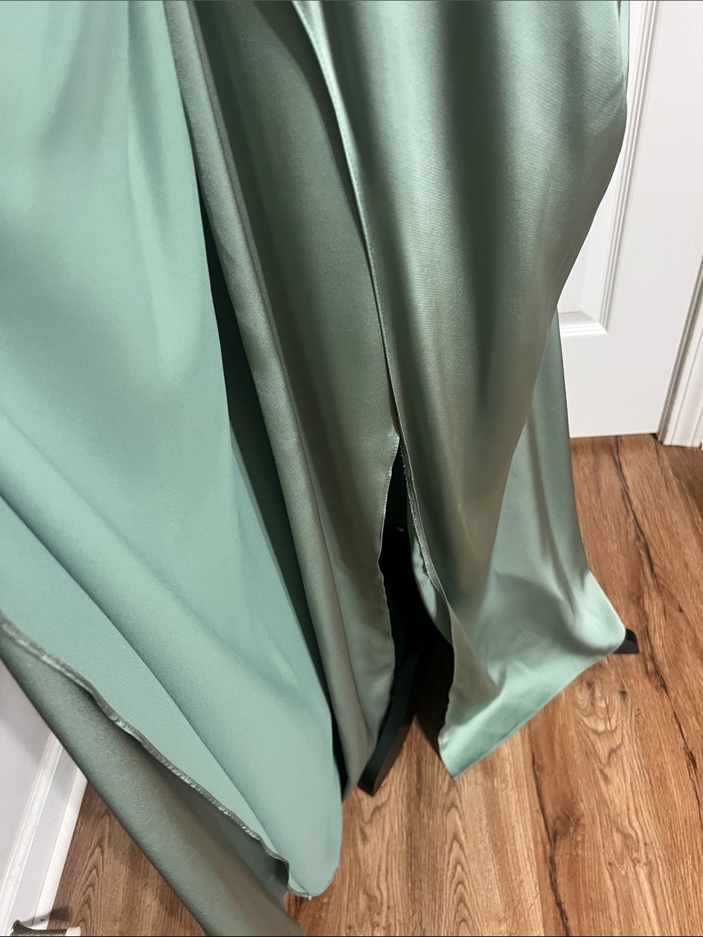 Azazie Sage Green Satin Draped Spaghetti Strap Gown - Picture 6 of 16